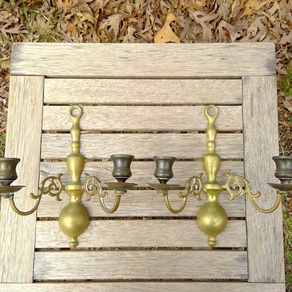 Vintage Brass Metal WALL SCONCES Candle Holders Pair App 9" Tall Two Arm Candlestick Holders Dining Livingroom www.etsy.com/shop/K1VINTAGE