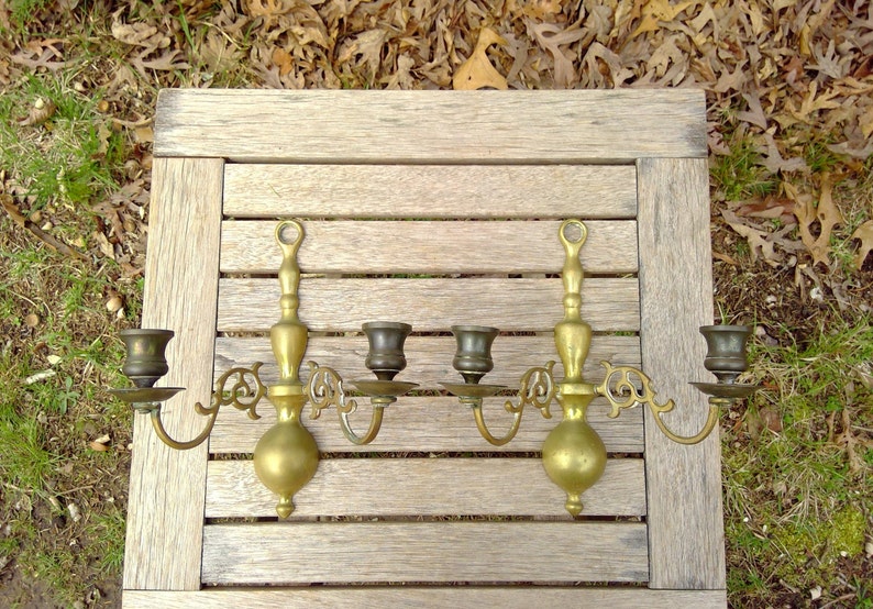 Vintage Brass Metal WALL SCONCES Candle Holders Pair App 9 Tall Two Arm Candlestick Holders Dining Livingroom www.etsy.com/shop/K1VINTAGE image 1