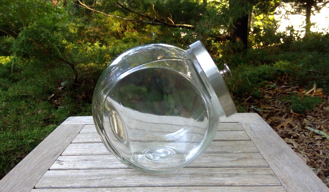 Vintage Slanted Glass Candy Jar Cookie Jar Chrome Top Tilted Etsy