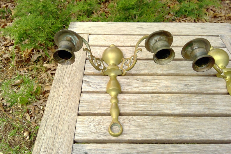Vintage Brass Metal WALL SCONCES Candle Holders Pair App 9 Tall Two Arm Candlestick Holders Dining Livingroom www.etsy.com/shop/K1VINTAGE image 7