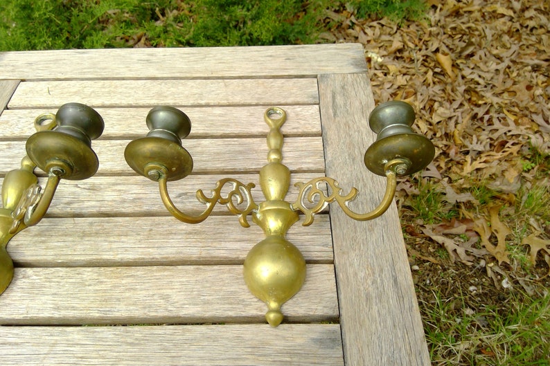 Vintage Brass Metal WALL SCONCES Candle Holders Pair App 9 Tall Two Arm Candlestick Holders Dining Livingroom www.etsy.com/shop/K1VINTAGE image 5