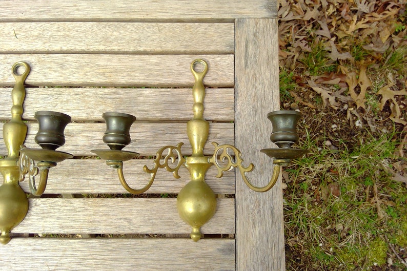 Vintage Brass Metal WALL SCONCES Candle Holders Pair App 9 Tall Two Arm Candlestick Holders Dining Livingroom www.etsy.com/shop/K1VINTAGE image 3