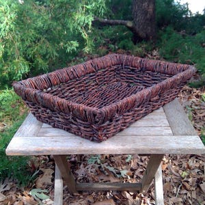 May include: A rectangular, woven basket with a dark brown hue, resting on a small wooden table. The basket's edges are neatly defined, and the weave pattern is visible. The table is outdoors, surrounded by greenery and fallen leaves.