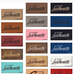 May include: A selection of 12 different color and material options for laser-engraved leatherette patches. The options include: Light Brown/Black, Dark Brown/Black, Black/Gold, Gray/Black, Rawhide/Black, Pink/Black, Black/Silver, Rose/Black, Rustic/Silver, Blue/Silver, Rustic/Gold, Bamboo/Black, White Marble/Black, Teal/Black, and Cork.