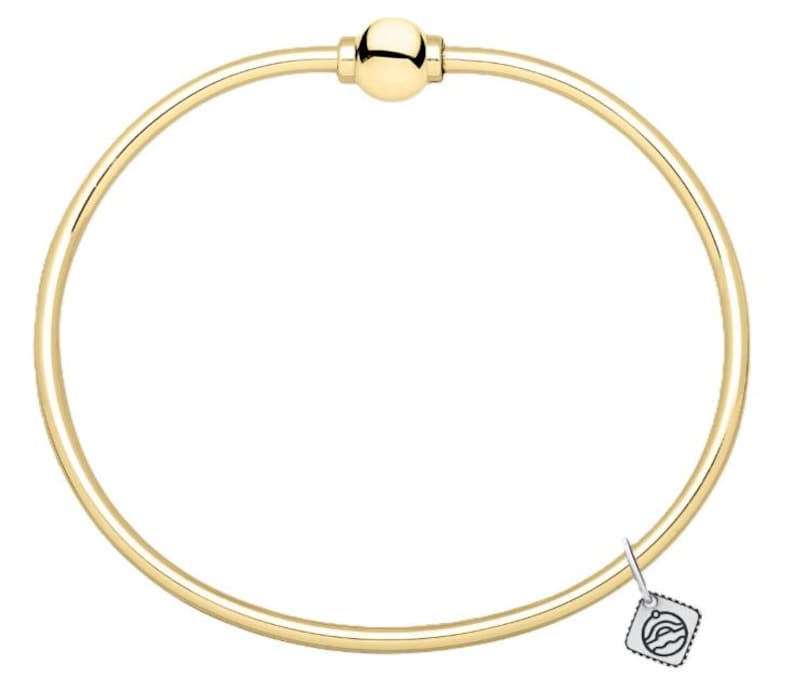 May include: A gold-toned bangle bracelet featuring a smooth, circular band and a central spherical clasp mechanism. A small, square-shaped silver-toned charm with a graphic line drawing of waves is attached to the lower right side of the band.