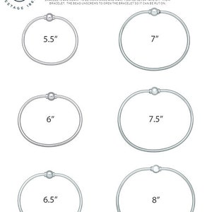 May include: A sizing reference chart for Cape Cod bracelets featuring six silver-toned circular bracelets with screw-on beads. The chart displays sizes 5.5, 6, 6.5, 7, 7.5, and 8 inches, with instructions on how to measure the wrist for a snug fit.