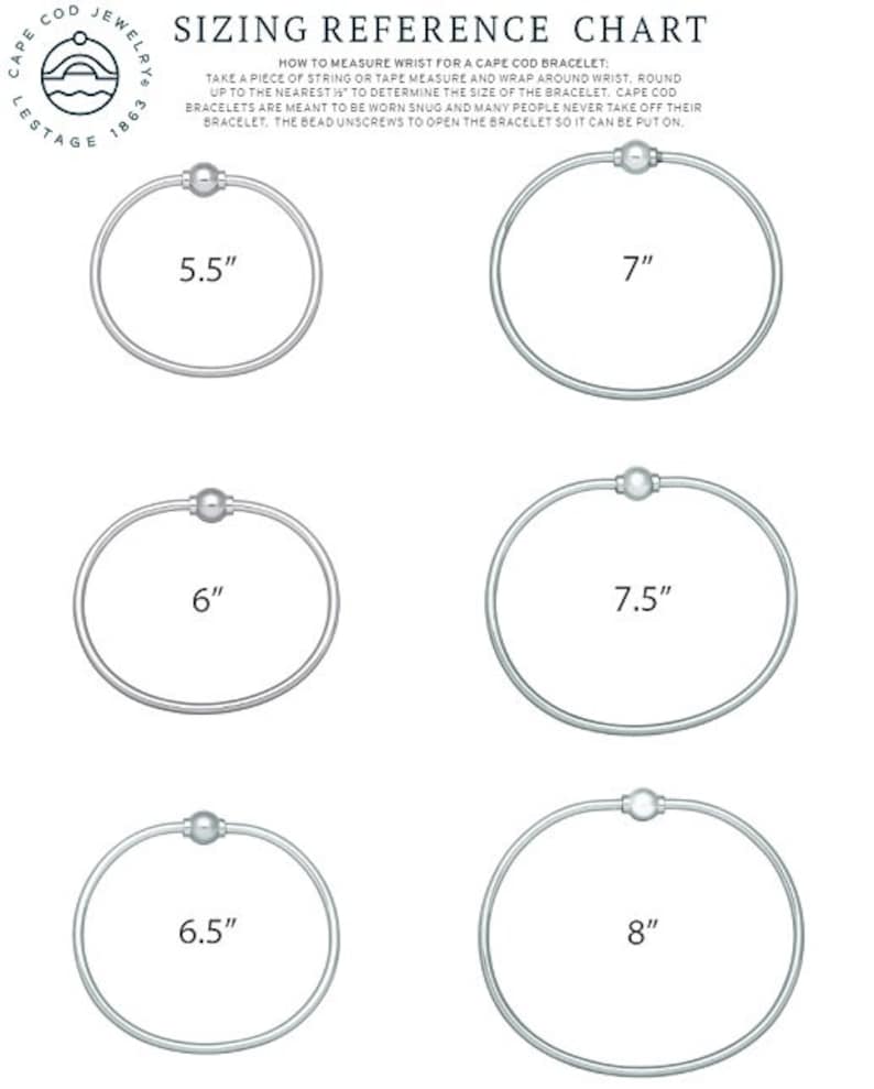 May include: A sizing reference chart for Cape Cod bracelets featuring six silver-toned circular bracelets with screw-on beads. The chart displays sizes 5.5, 6, 6.5, 7, 7.5, and 8 inches, with instructions on how to measure the wrist for a snug fit.