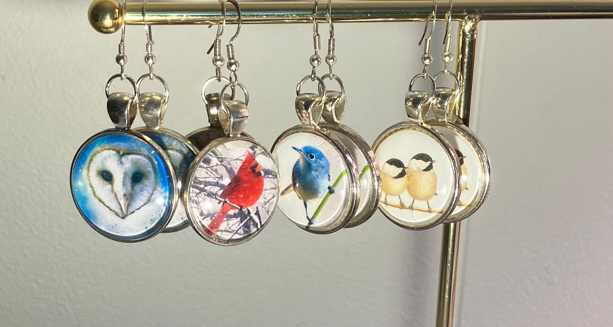 Bird earrings- pictures mounted under glass: owl, cardinal, chickadee and bluebird. 10g per earring 