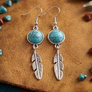 May include: A pair of silver-toned dangle earrings featuring a round, blue, marbled stone set in a circular frame. Below each stone hangs a textured, silver-toned metal feather charm. The earrings are attached to standard silver-toned ear wires.