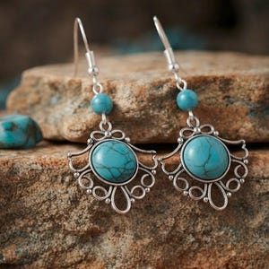 May include: A pair of dangle earrings featuring round, blue, veined turquoise-colored stones set in silver-toned metal frames with intricate scrollwork. Each earring includes a smaller matching bead above the main setting and a silver hook wire.