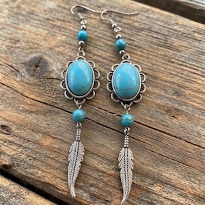 May include: A pair of dangle earrings featuring oval turquoise-colored stones set in scalloped silver-toned metal frames. Each earring includes a round turquoise-colored bead above the central stone and a silver-toned metal feather charm at the base.