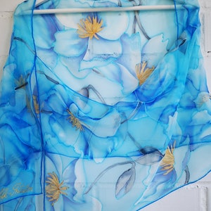 Hand-Painted Blue Poppy Silk Chiffon Scarf