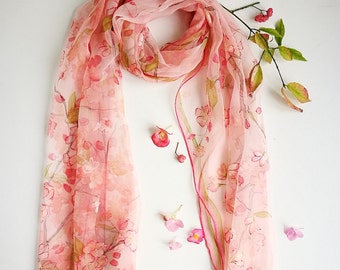 Cherry blossoms Pink silk Scarf- Hand painted chiffon scarf- romantic Sakura shawl soft light pink- Floral tree branch silk painting