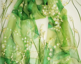 Lily of the Valley silk chiffon scarf- Hand painted green silk shawl- Green floral wedding wrap- Wild flowers chiffon spring scarf- custom