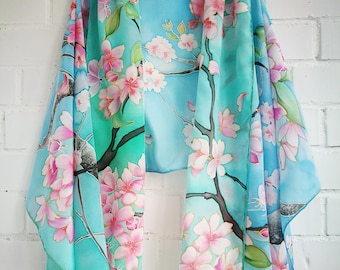 Cherry blossom silk scarf Sakura wrap floral silk shawl Blue Turquoise Mint Pink scarf Hand painted tree branch scarf spring pareo sarong