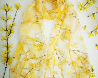 Hand painted silk scarf Forsythia- Yellow silk chiffon wrap- Yellow blossom scarf- Light floral spring  scarf- Joy and Happiness gift