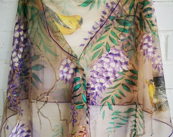 Handpainted Purple Wisteria and two goldfinches Silk chiffon shawl -Chinoiserie style silk scarf- Purple taupe beige floral silk wrap