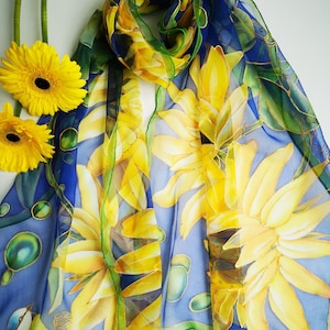 Hand-Painted Silk Chiffon Scarf: Sunflowers & Blue Titmouse