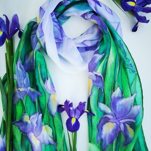 Iris silk scarf- Hand painted purple green silk shawl-violet floral spring silk wrap