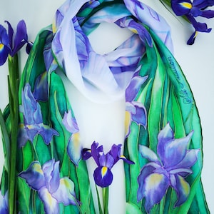 Iris Seidenschal- Handbemalter lila grüner Seidenschal-violetter Blumenfrühlingsseide wrap