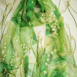 Lily of the Valley silk chiffon scarf- Hand painted green silk shawl- Green floral wedding wrap- Wild flowers chiffon spring scarf- custom