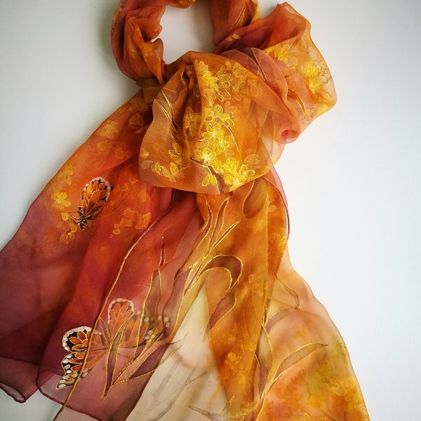 Goldenrod silk chiffon scarf- Autumn colors ochre gold burgundy mustard shawl- Hand painted Rustic silk wrap- floral monarch butterfly scarf