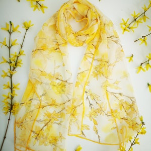 Hand painted silk scarf Forsythia- Yellow silk chiffon wrap- Yellow blossom scarf- Light floral spring  scarf- Joy and Happiness gift