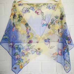 Pansy silk chiffon scarf Blue floral hand painted scarf Viola scarf Blue vanilla blond ombre scarf Johnny jump up flower heartsease scarf