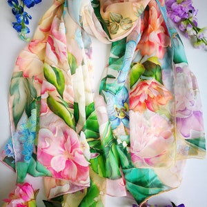 Hand Painted FloralSilk Scarf: Tropical Garden Shawl