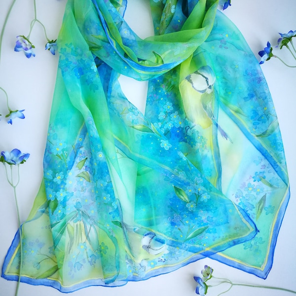 Forget me not  and blue titmouse birds scarf -Hand painted silk chiffon scarf- Blue Mint Green shawl -blue floral Spring wrap