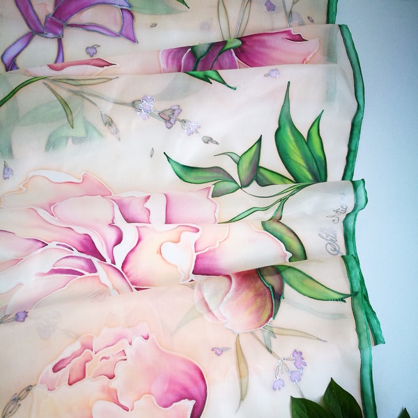 Hand-Painted Peony Silk Scarf: Blush Pink Floral Shawl