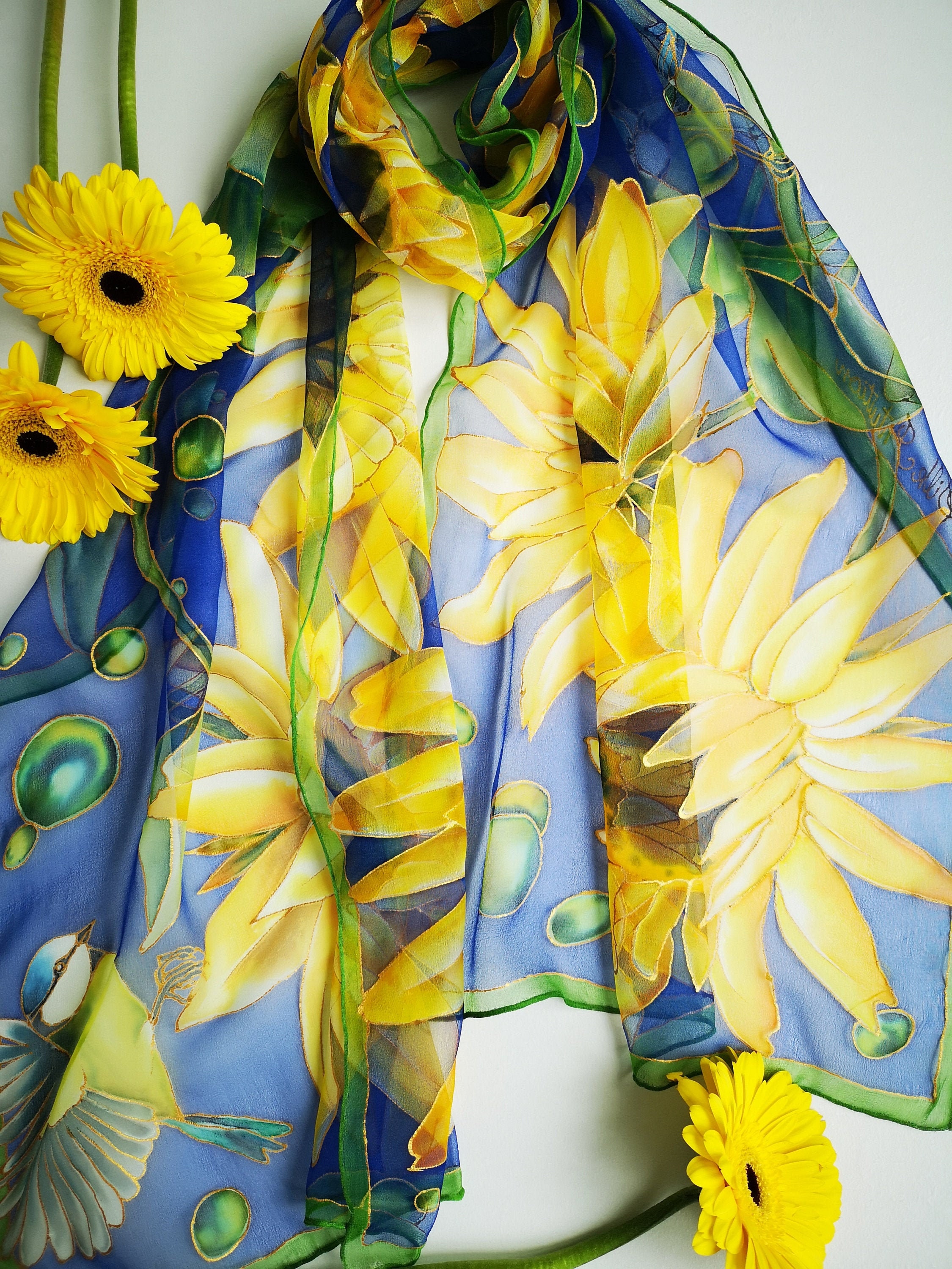 Hand-painted Silk Chiffon Scarf: Sunflowers & Blue Titmouse