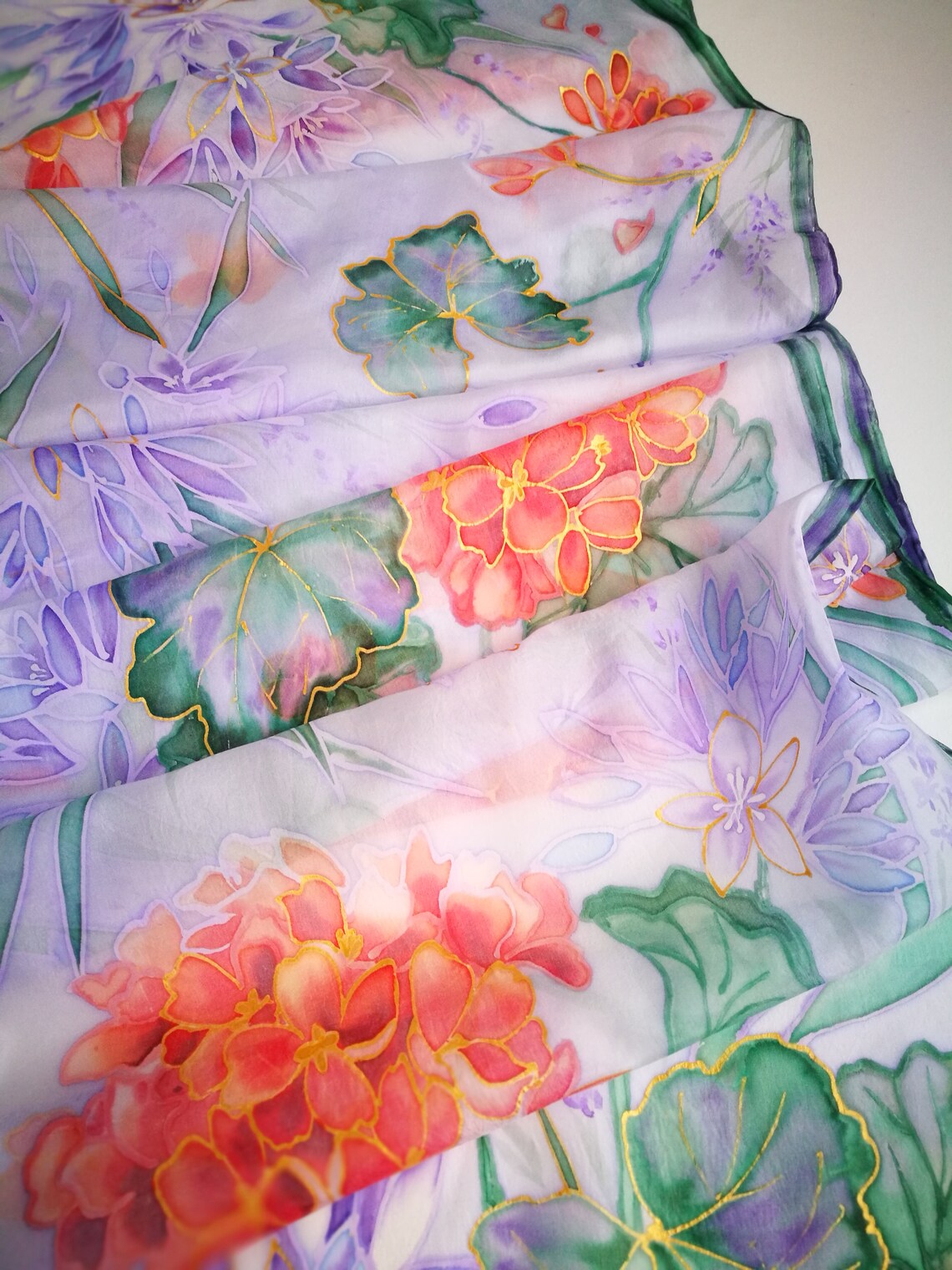 Hand Painted Silk Scarf geranium Brodiaea cluster Lily Etsy