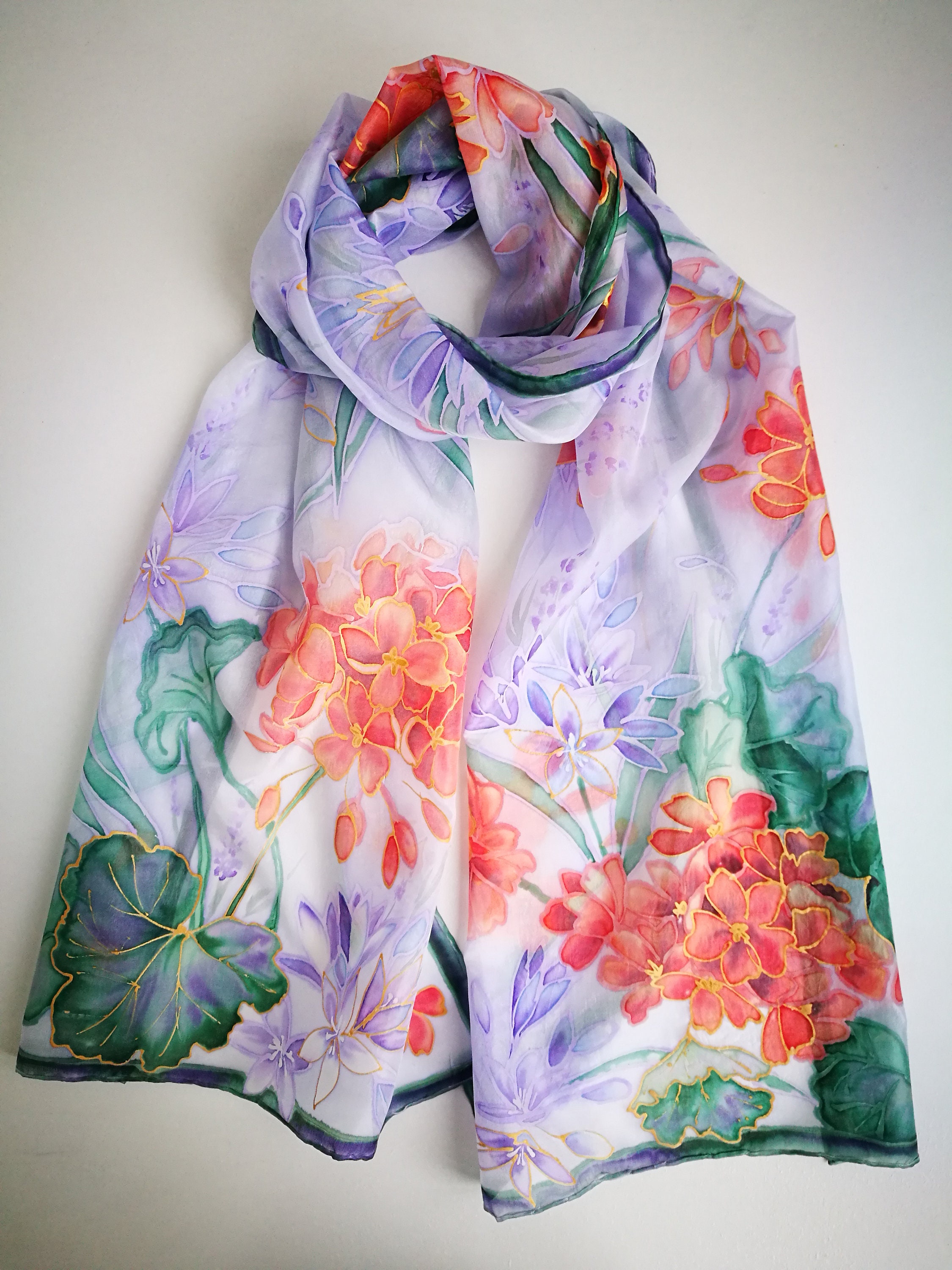 Hand Painted Silk Scarf geranium Brodiaea cluster Lily Etsy