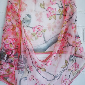 Hand painted Cherry blossoms and black caped chickadees silk chiffon scarf- Sakura shawl- Pink floral silk wrap-Flowers and birds wrap scarf