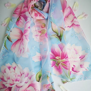 Blush Pink Peonies and Forget Me Not Silk Scarf Pink Blue - Etsy