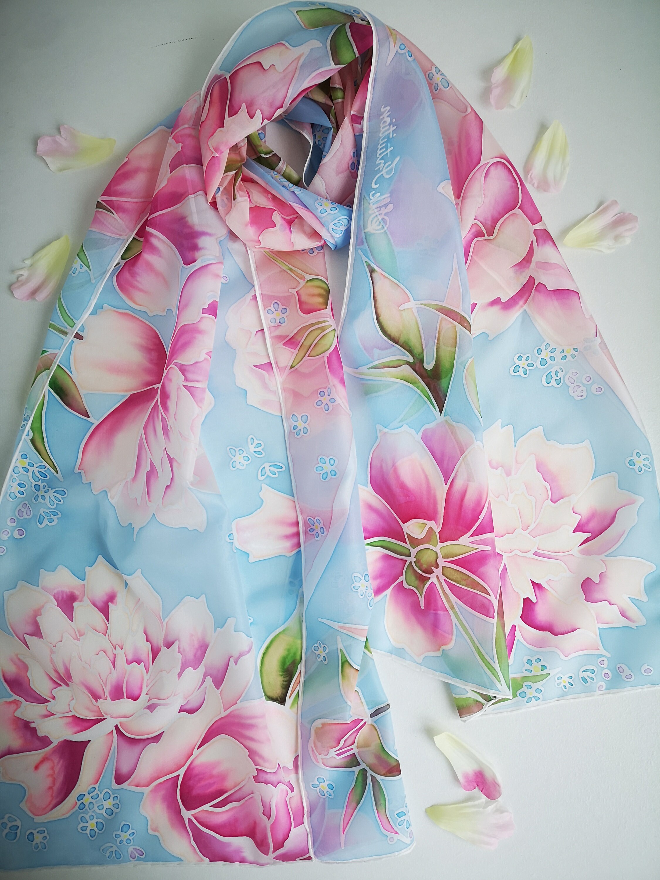 Hand-painted Peony Silk Scarf: Blush Pink Blue Floral Shawl 