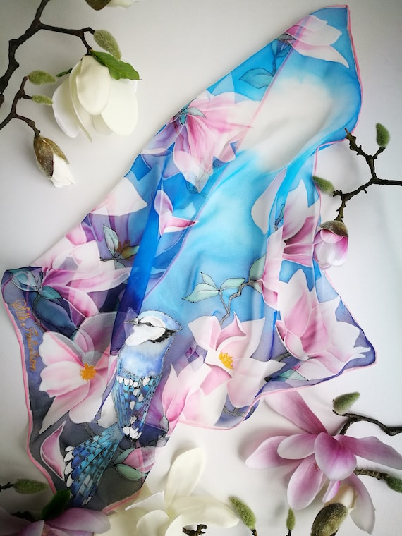 Woman Silk Scarf Pure Silk Shawl BLUE MAGNOLIAS Hand-Painted Silk Scarf Scarf painted by hand Wrap