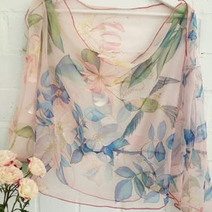 June silk chiffon scarf Roses and Honeysuckle- pale Dusty Pink blue green hand painted shawl- Hummingbird and butterfly floral silk wrap