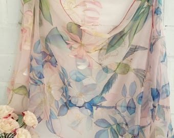 Hand Painted Dusty Pink Silk Chiffon Scarf: Roses, Honeysuckle, Hummingbird