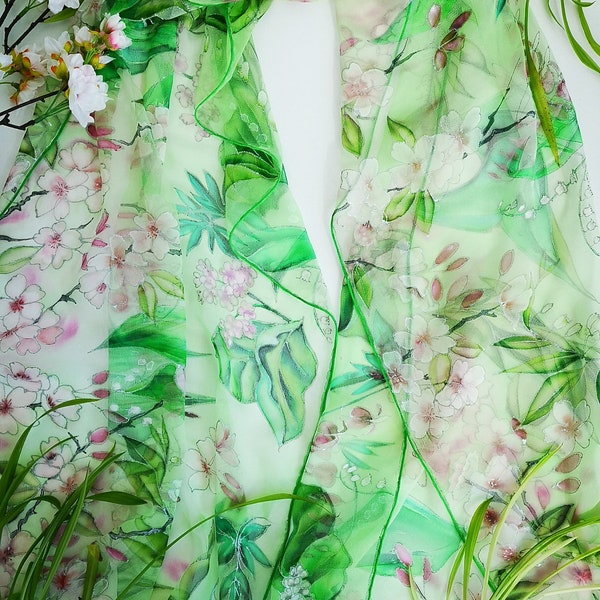 Hand painted Spring Floral silk chiffon scarf-Light green pink shawl- Cherry blossom, Lily of valley, Solomon seal, Bleeding heart, Bergenia