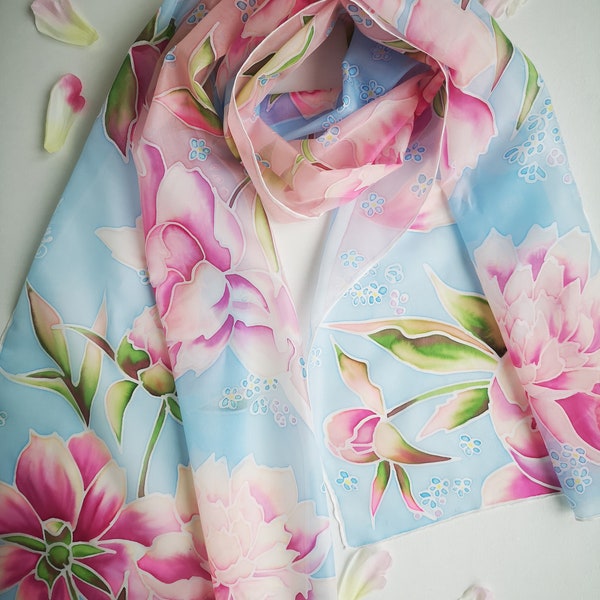 Hand-Painted Peony Silk Scarf: Blush Pink Blue Floral Shawl