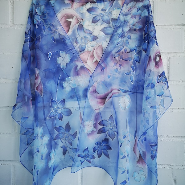 Hand painted Blue silk chiffon scarf-Galaxy blue Orchids, Picasso Calla lily, Wisteria, Hydrangea - Blue wedding silk shawl