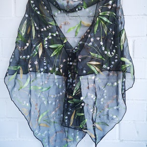 Hand Painted Lily of the Valley Silk Chiffon Scarf black Green Gold ...