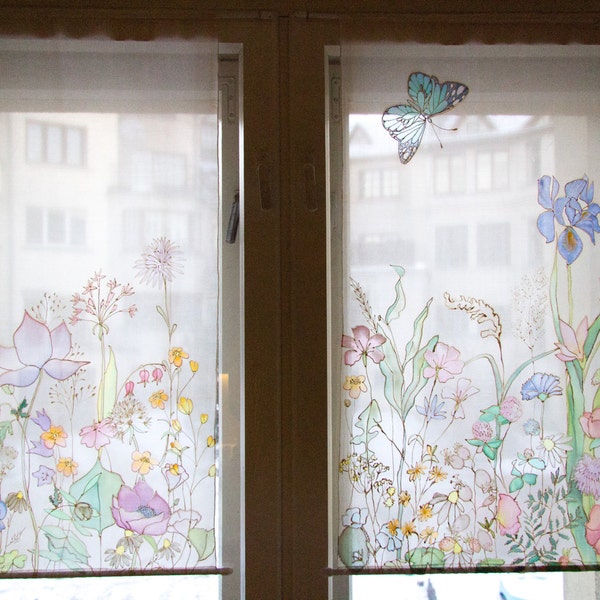 Hand painted Curtains -Field flowers Silk screen -Wind flowers Window silk panels - Meadow Floral wall hanging -CUSTOM paintings