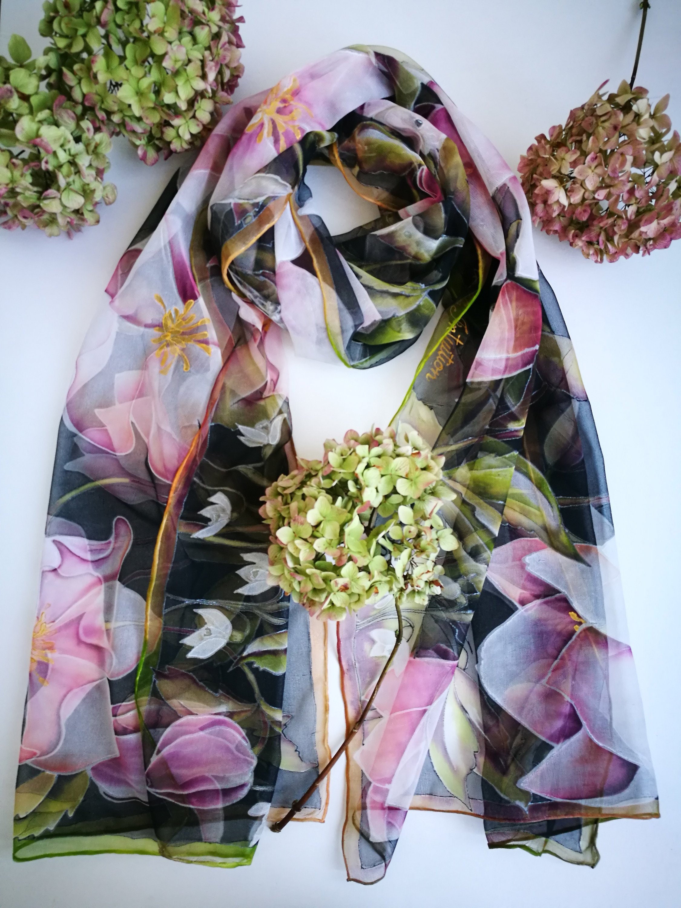 India Ganesha Designer Print Silk Scarf – Large Elegant Silk Square Black  White Pink Luxury Scarf for Women