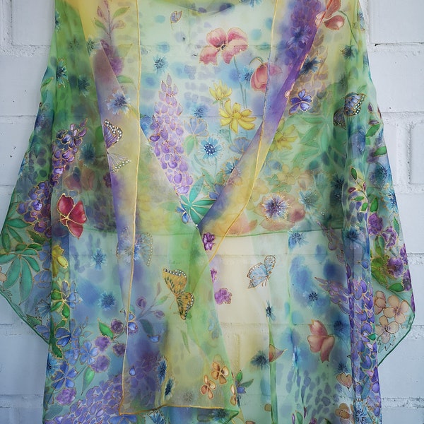 Hand painted colorful silk scarf-Summer windflowers field-Jewel palette silk chiffon wrap