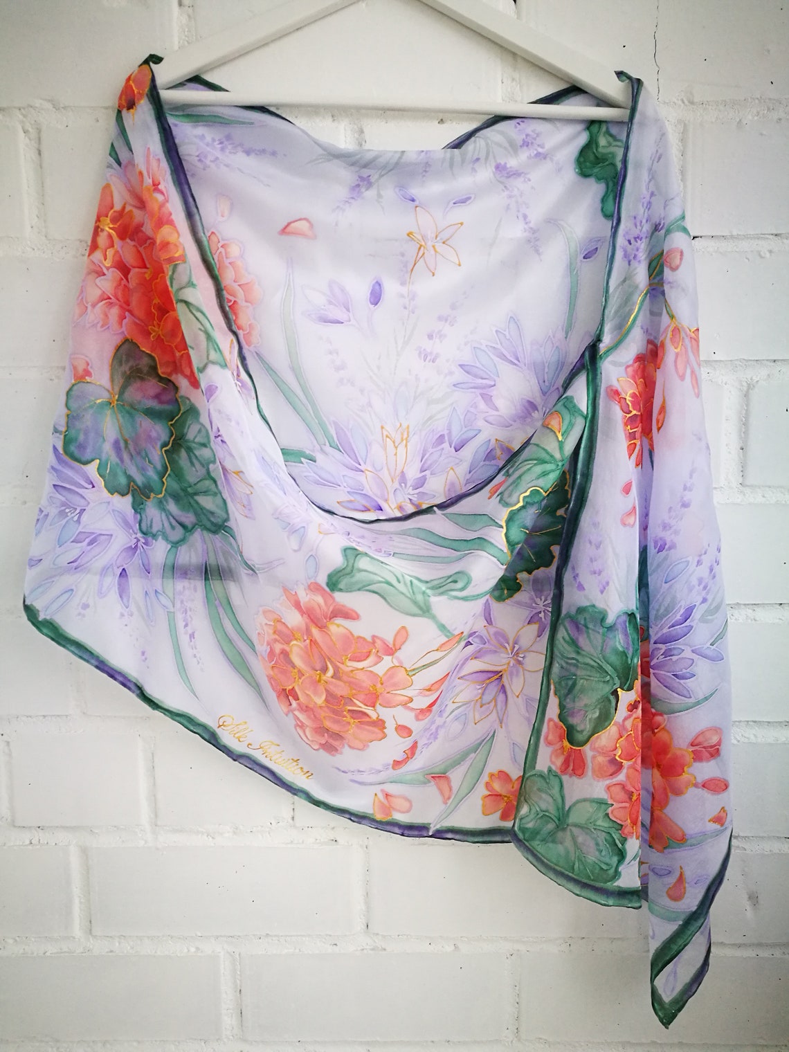 Hand Painted Silk Scarf geranium Brodiaea cluster Lily Etsy