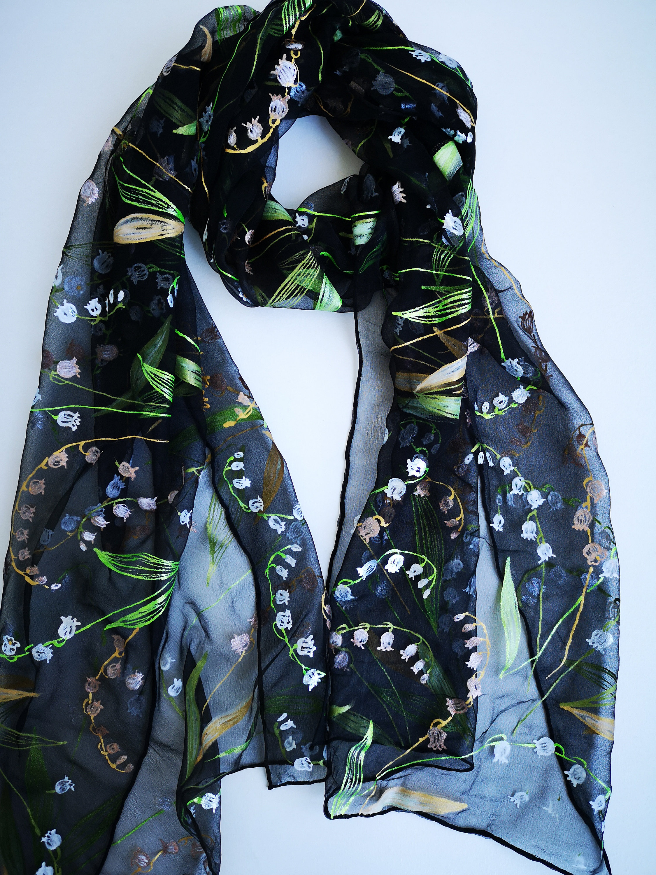Hand painted Lily of the Valley silk chiffon scarf Black | Etsy