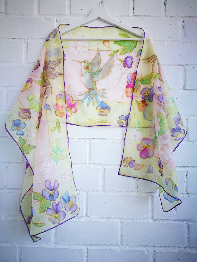 Hand Painted Silk Scarf Pansies Geraniums Humming Birds Pale Etsy